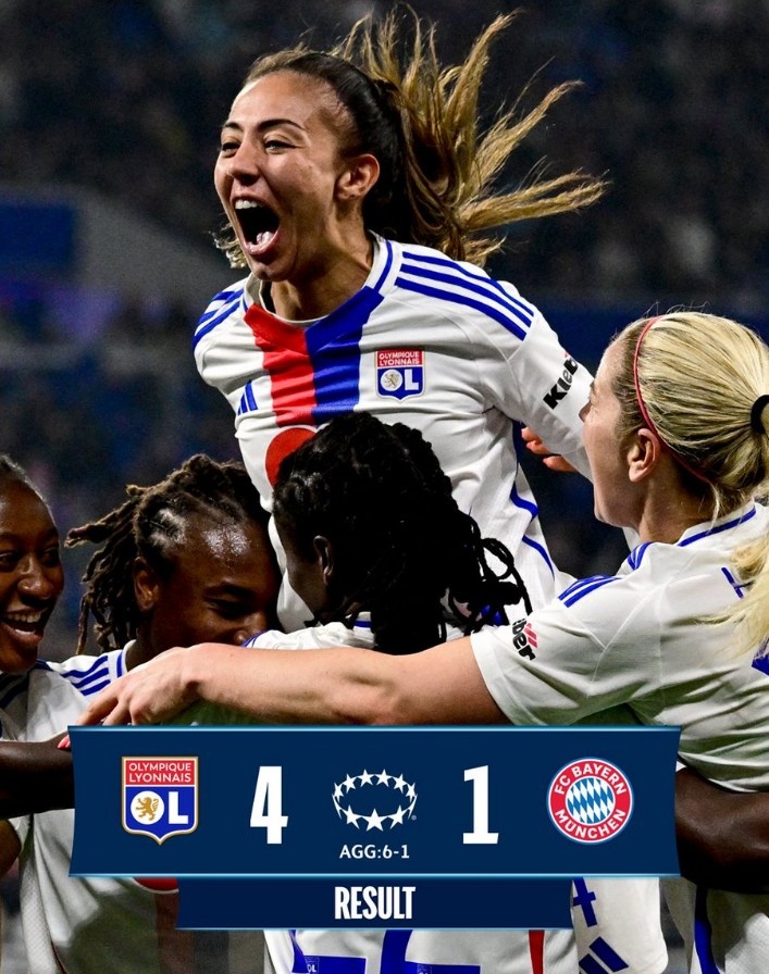 里昂女足4-1大勝拜仁女足，總比分6-1晉級女足歐冠半決賽